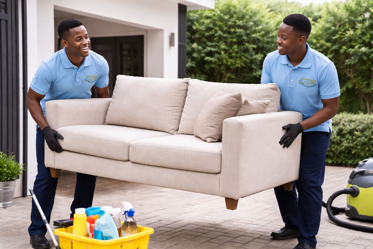 Professional cleaner mopping floor in modern home